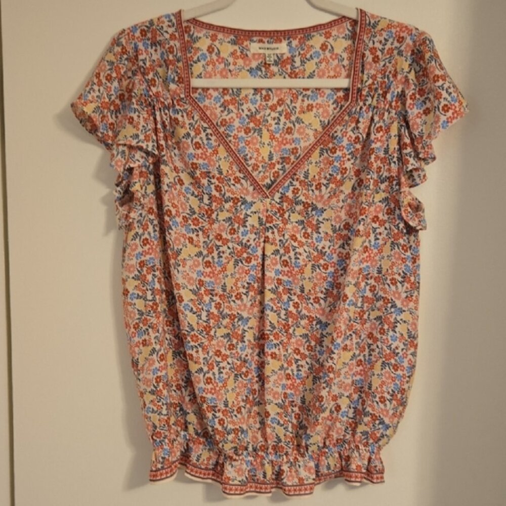 Max Studio Floral Ruffle Sleeve Blouse - Red and Blue